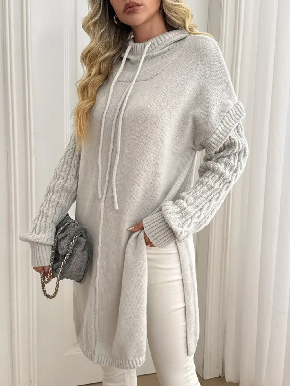 Grey Casual Women's Hooded Cable Knit Patchwork Long Sleeve Mid-Length Sweater